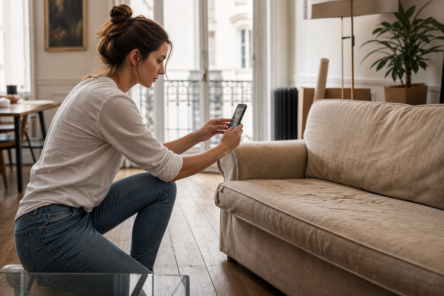 Cliente photographiant un canapé avec son smartphone pour créer une mission Go Déchet