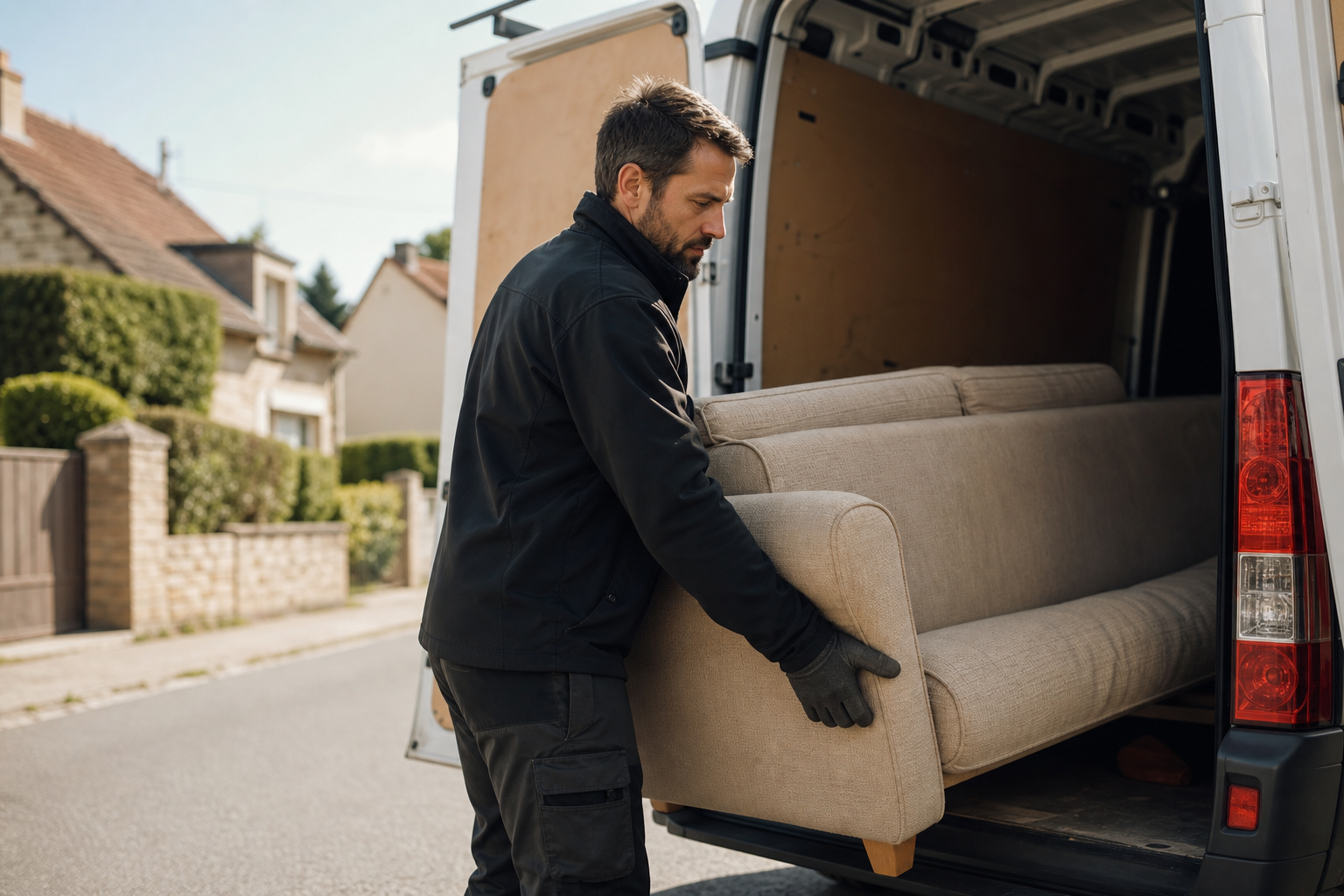Collecteur Go Déchet chargeant des encombrants dans son utilitaire